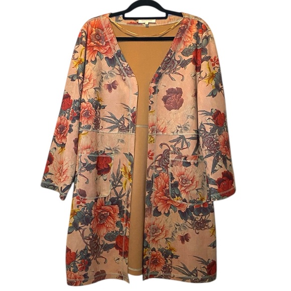 Solitaire Jackets & Blazers - Solitaire Faux Suede Duster Women’s Large Pink Floral Print Open Front Beautiful